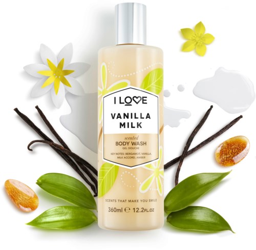 Body wash bottle labeled vanilla milk surrounded by vanilla pods, leaves, flowers, and a drop of milk.