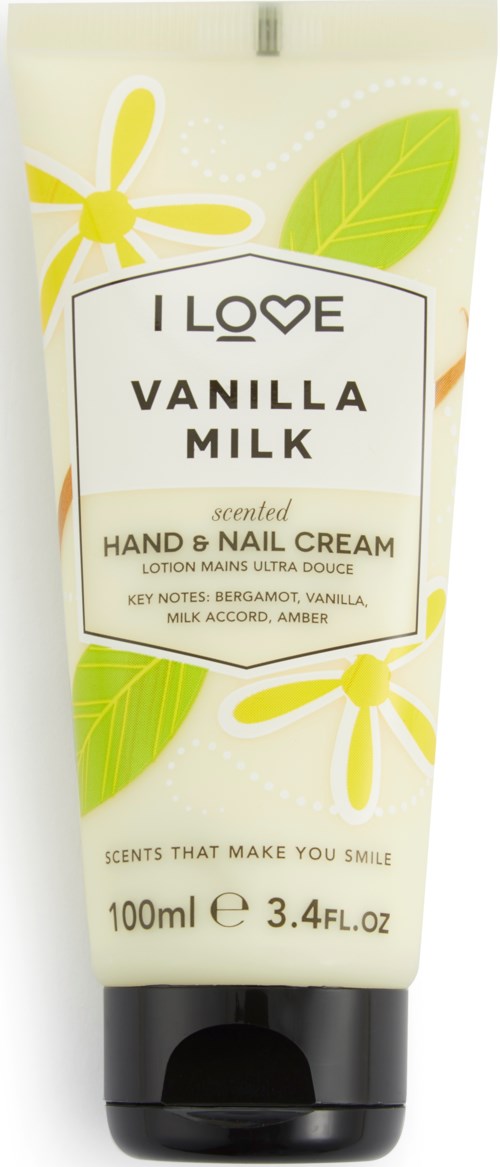 Een geparfumeerde hand- en nagelcrème in een witte tube met gele bloemen en groene bladeren.