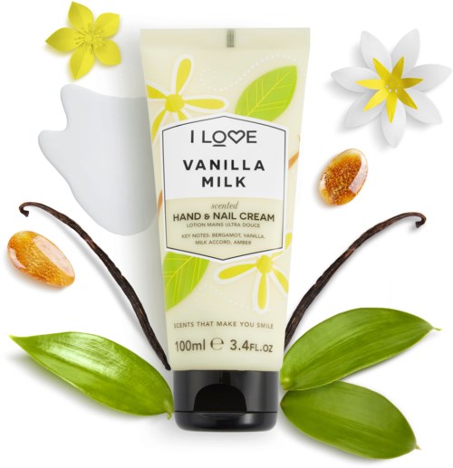Vanillemelk geurende hand- en nagelcrème omgeven door bloemen, bladeren, vanillebonen en suikerklontjes.