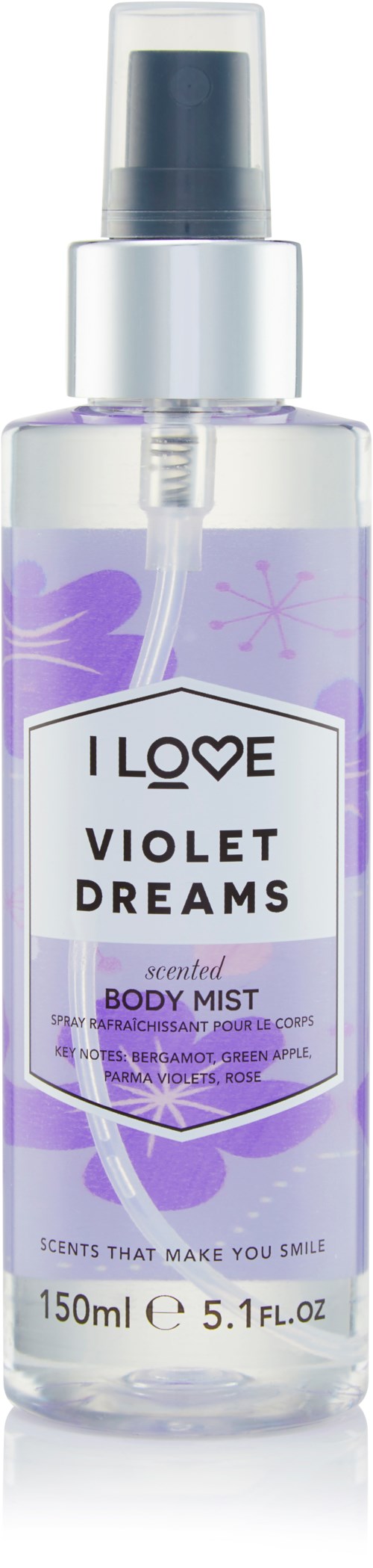Eine klare Sprühflasche mit einem lila Etikett, das 'Violet Dreams' Körperspray sagt, 150 ml. Es hat eine Zerstäuber-Top.