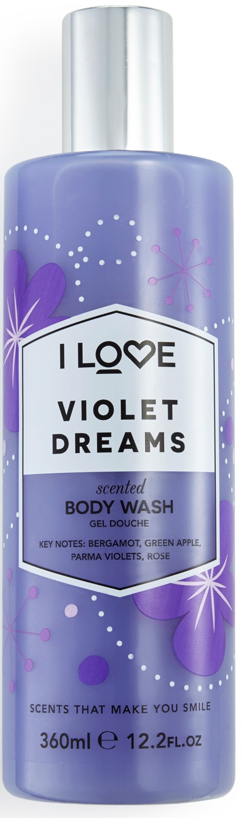 A purple body wash bottle with a white cap, labeled 'Violet Dreams' and scent notes of bergamot, green apple, and rose.