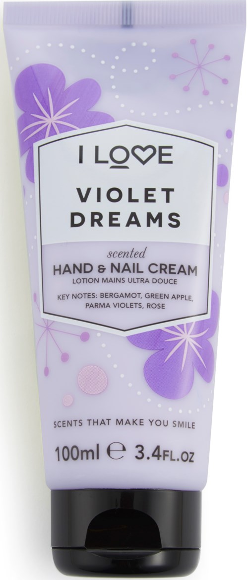 A pastel purple tube of scented hand and nail cream with floral and star designs, labeled 'Violet Dreams.'