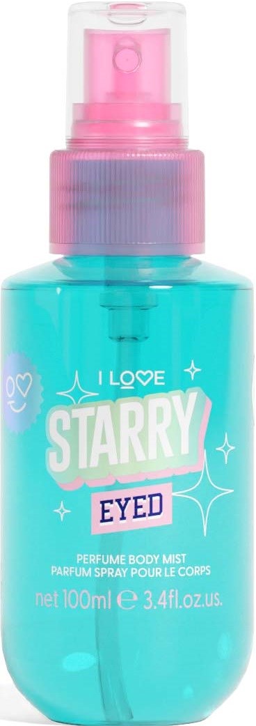 A blue spray bottle with pink spray top, labeled 'Starry Eyed' perfume body mist, holding 100ml.