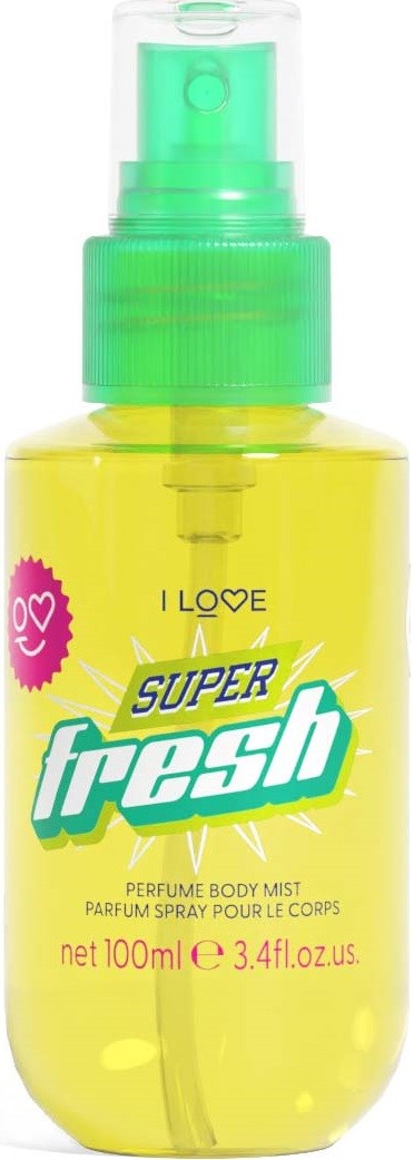 Gul sprayflaska med grön lock, märkt 'Super Fresh' parfym kroppsspray, 100 ml kapacitet.