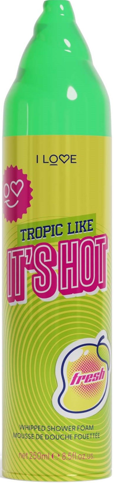 Bright green bottle with pink and yellow label, phrases 'It's Hot' and 'Tropic Like', and a lemon illustration.