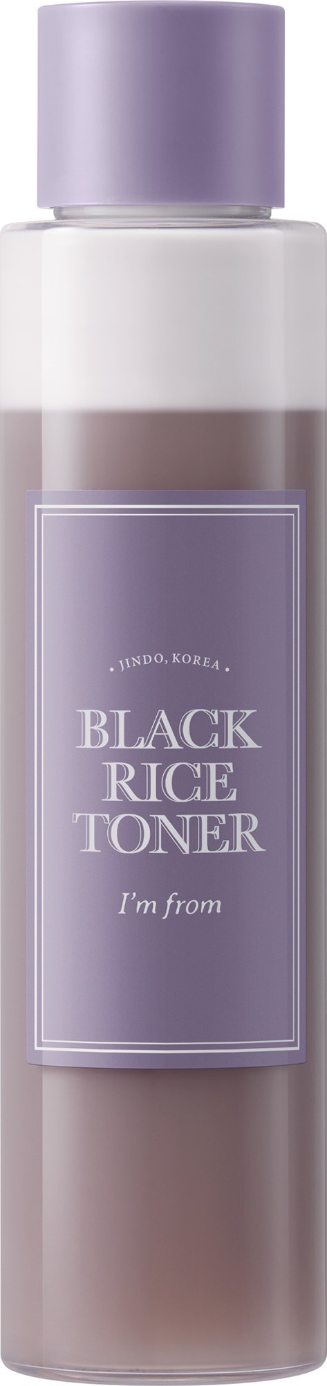 A tall, clear bottle with purple cap, labeled 'Black Rice Toner,' holding a dark liquid.