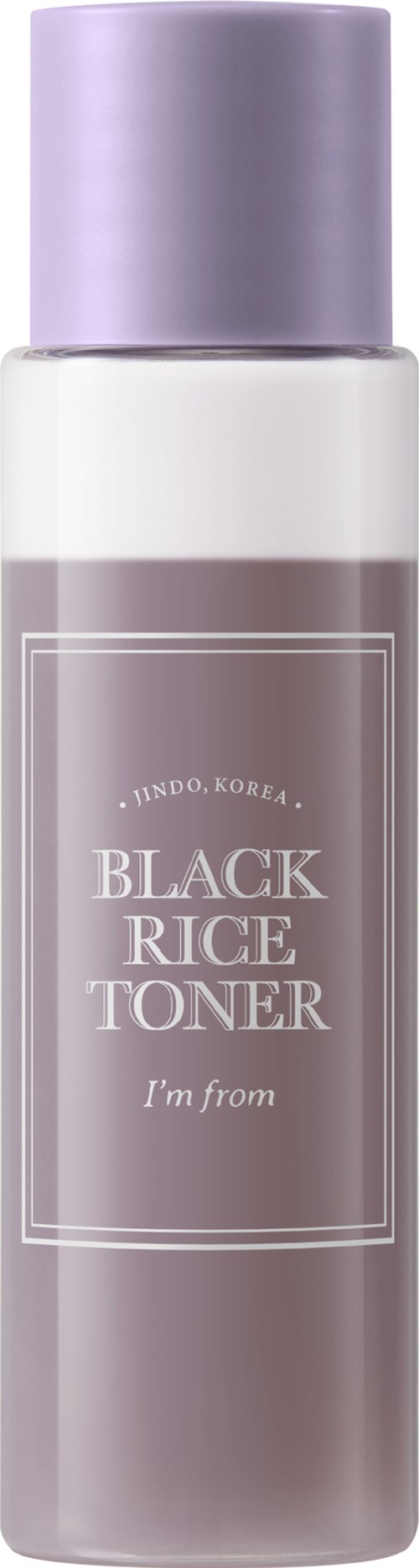 Een doorzichtige fles met paarse dop gemerkt 'Black Rice Toner' uit Korea, bevat huidverzorgingsproduct.
