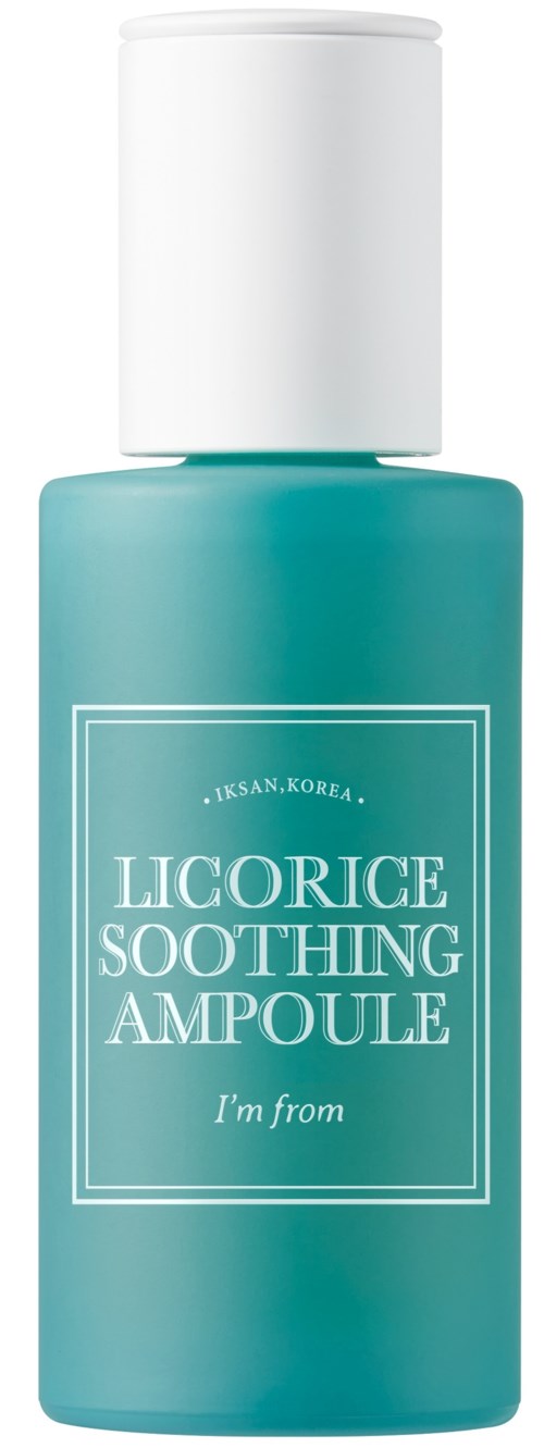 Een tealkleurige fles met label 'Licorice Soothing Ampoule' en witte dop, waarschijnlijk een huidverzorgingsproduct.