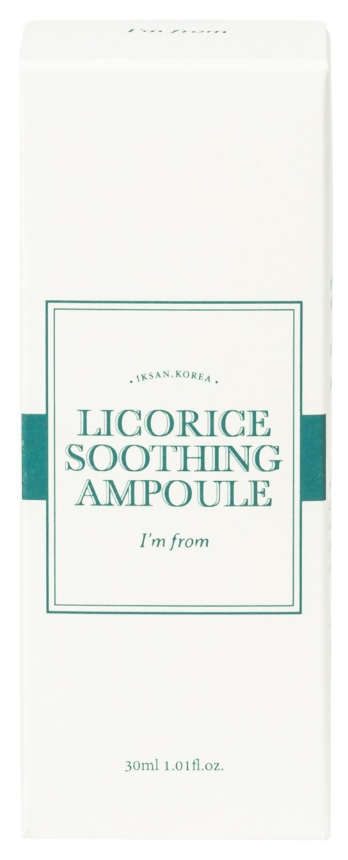 Een wit verpakkingsdoos voor een huidverzorgingsproduct genaamd Licorice Soothing Ampoule, uit Korea, bevat 30 ml.
