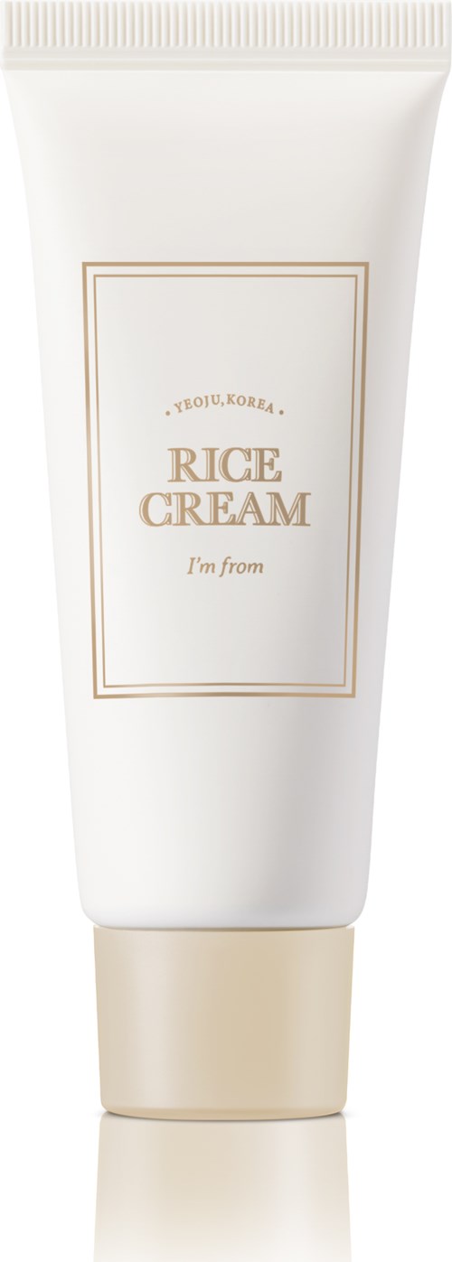 Eine weiße Tube mit beigeem Deckel, beschriftet mit 'Rice Cream' und 'I'm from' in einem schlichten Rahmen.