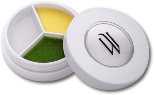 A round container with three sections: yellow, white, and green, with a lid that has a black logo.