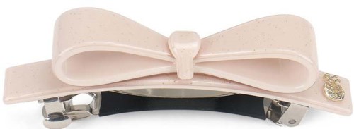A beige hair clip with a large bow and small decorative gem. It has metal clips on each side for hair.