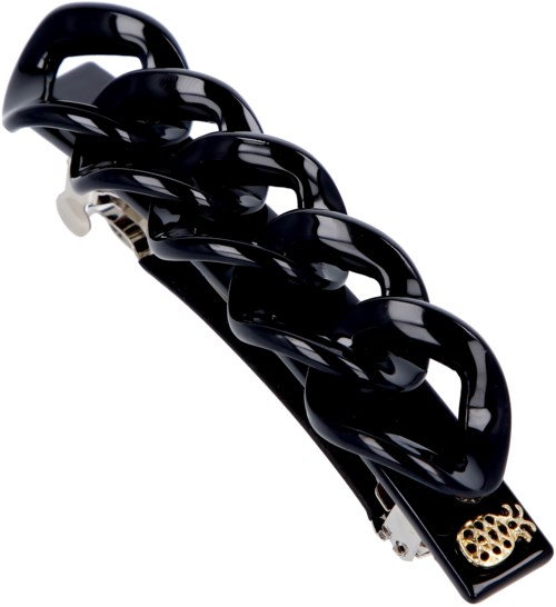 A black hair clip with large, linked loops made of shiny plastic.