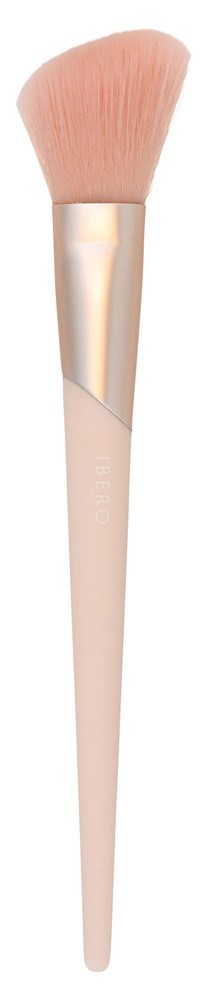A soft pink makeup brush with a white handle and gold neck detail.