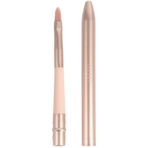 Two makeup brushes, one small with a pink tip, and one long, both in beige and gold colors.