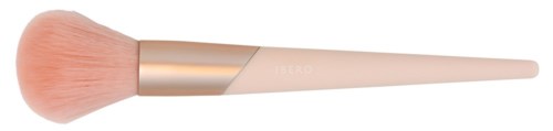 A makeup brush with a pink handle and soft, fluffy bristles used for applying powder or blush.