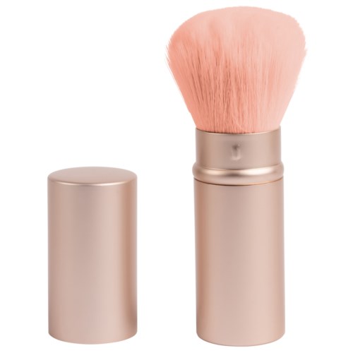 En sminkebørste med rosa gullhåndtak og rosa bust, uten lokk.