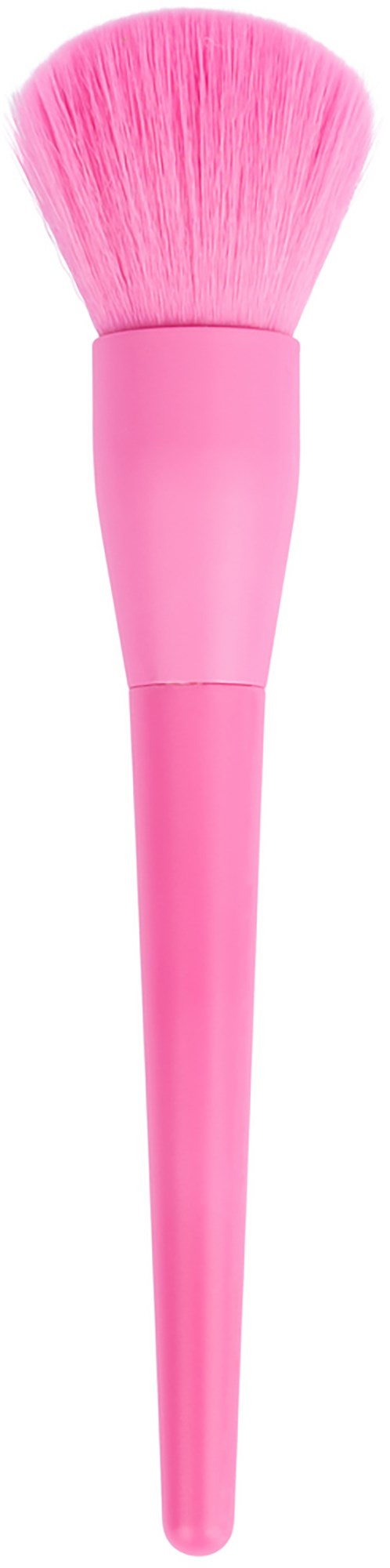 A pink makeup brush with soft bristles and a long handle.