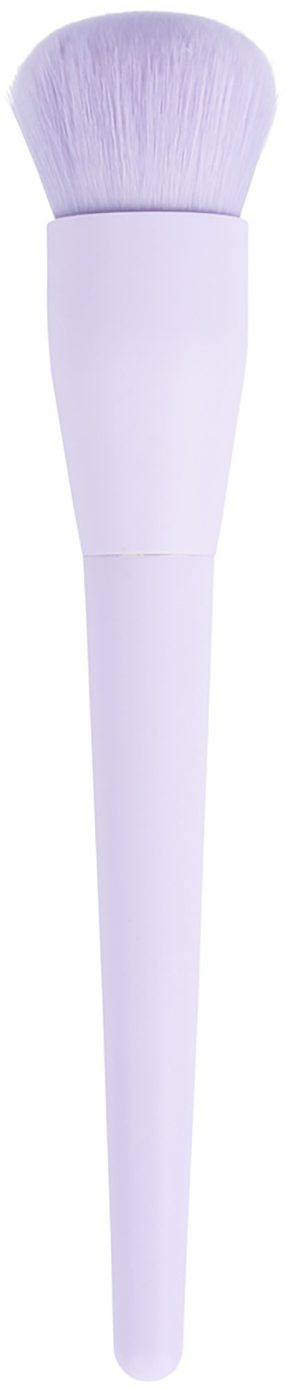 A white makeup brush with soft, fluffy bristles and a long handle.