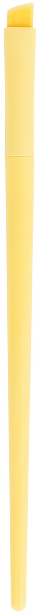 A yellow chopstick with a slightly curved top and pointed tip, standing vertically.