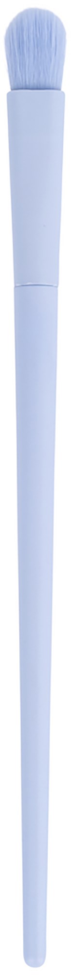 A light blue makeup brush with a long handle and rounded bristles.