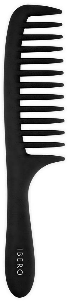 A black wide-tooth comb with the brand name 'IBERO' written on the handle.