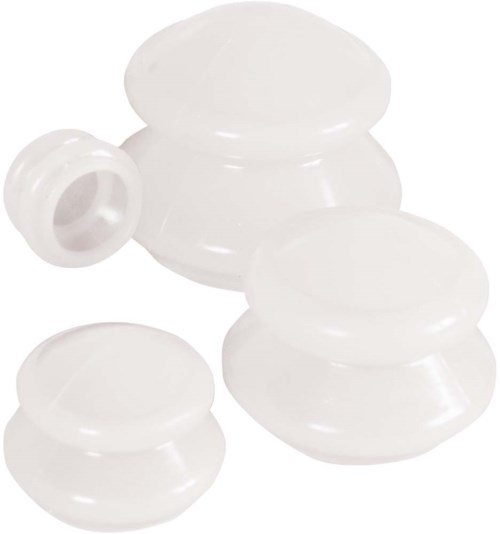 A group of white, round-shaped ear plugs made of soft material. They come in different sizes.