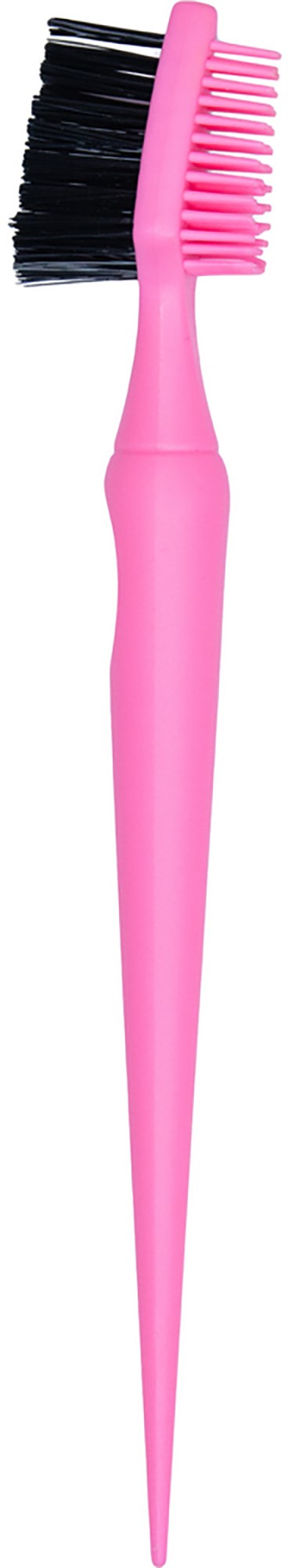 A pink eyebrow brush with one side black and the other pink bristles.