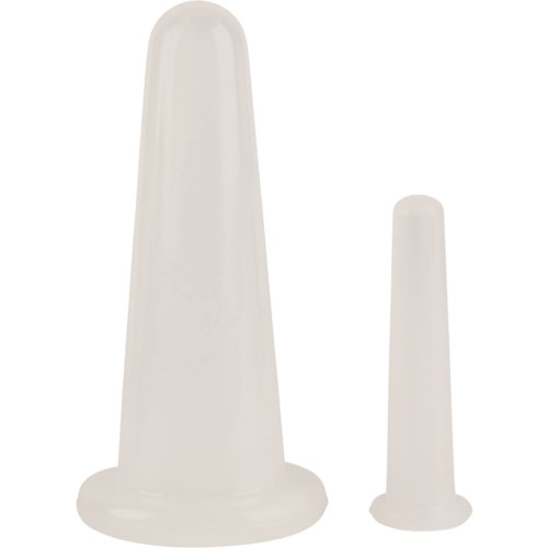 Two white, cone-shaped objects, one large and one small, with flat bases, likely silicone molds or cups.