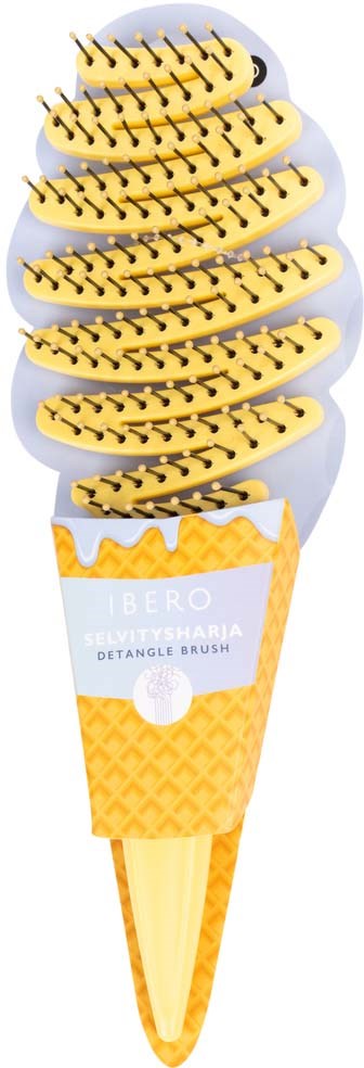 En borste formad som ett gult glassvåffel med tre banansmakande glasskulor med pinnar.
