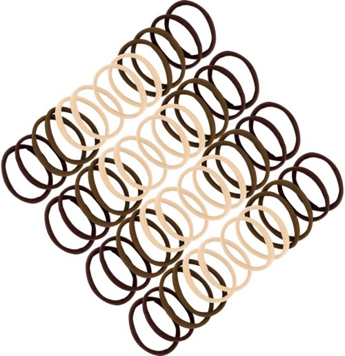 Flere brune og beige hårstrikker ordnet i rader på hvit bakgrunn.