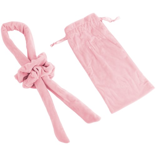 Pink fuzzy headband and matching soft sleep mask, both made of plush material. The headband is tied in a bow.