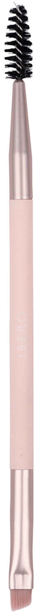 Makeup brush with a black spoolie on top and a small angled brush at the bottom. Handle is pink and silver.