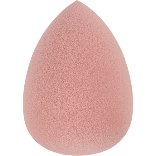 A pink makeup sponge with a teardrop shape and soft, porous texture.