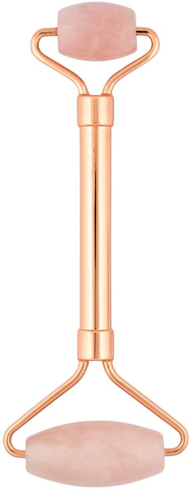 A rose gold facial roller with two pink stone ends for skin massage and beauty care.