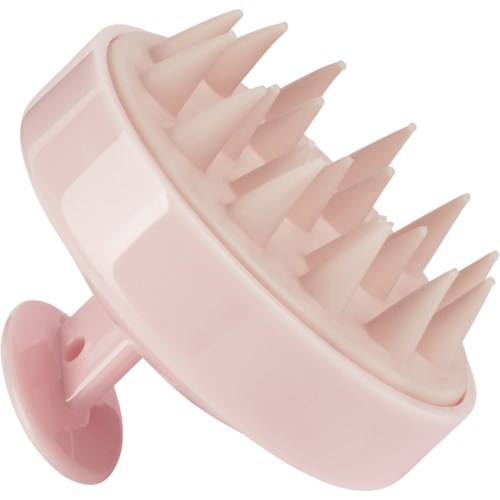 A pink silicone brush with multiple soft bristles and a suction cup handle for cleaning bottles.