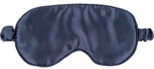 A black satin sleep mask with elastic straps on both sides. The mask covers the eyes for sleeping.