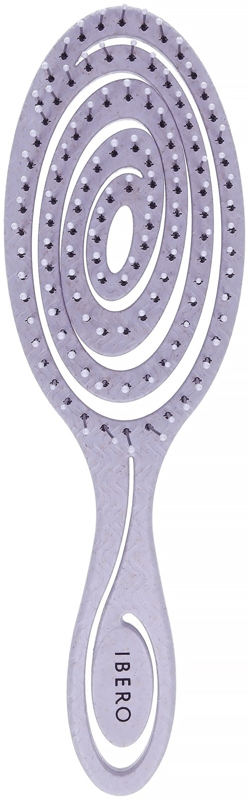 A grey hairbrush with a round, plastic head and white rubber bristles, labeled 'IBERO' on the handle.