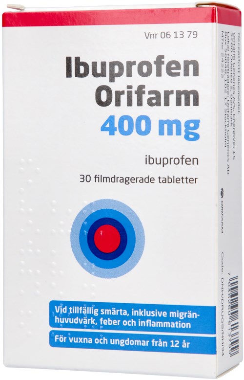 En förpackning med Ibuprofen 400 mg, märkning för smärtlindring och inflammation, för vuxna och ungdomar över 12 år.