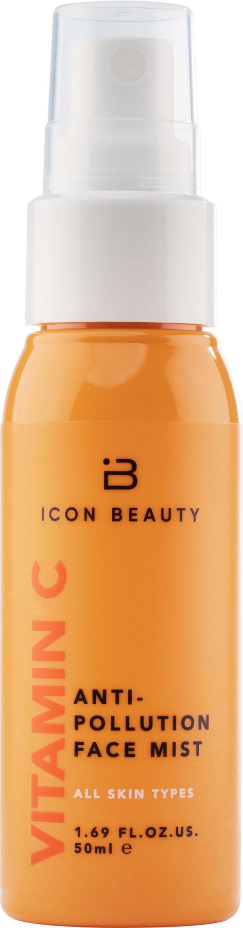 En liten orange bottle med vitt pump, märkt 'VITAMIN C ANTI-POLLUTION FACE MIST' av ICON BEAUTY.