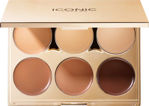 Een make-up palette met zes tinten, meestal huidkleurig tot bruin, met de tekst 'ICONIC CONTOUR'.