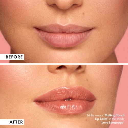Close-up of lips before and after applying lip balm, showing smoother and shinier lips.