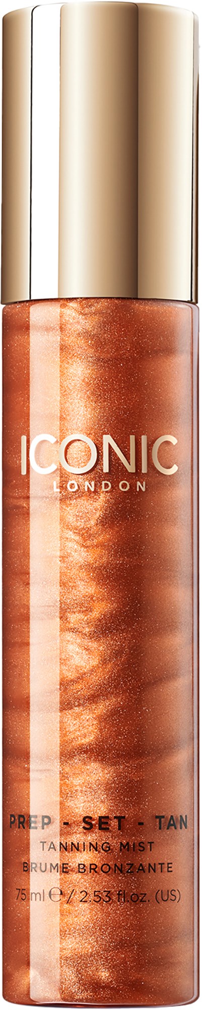 A spray bottle with a metallic cap, labeled 'ICONIC London Pre-Glow Skin Tanning Mist', in gold and bronze tones.