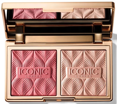 A makeup palette with two pink and beige blushes, decorated with a leaf pattern, labeled 'ICONIC LONDON'.