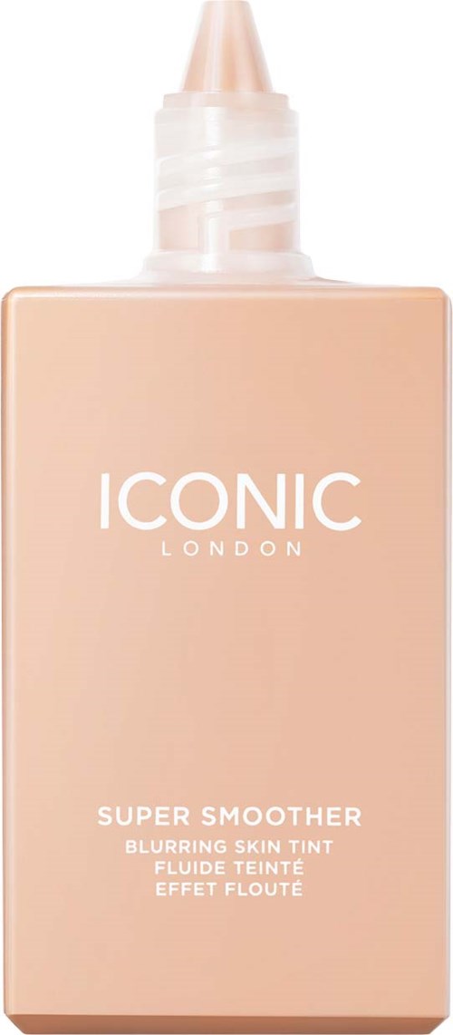 A pink bottle with a pointed nozzle, labeled "ICONIC LONDON SUPER SMOTHER," for smoothing skin. Simple design.