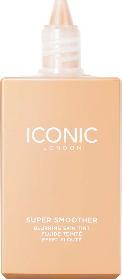 A beige makeup product bottle with a white tip, labeled 'ICONIC London Super Smoother' for blurring skin.