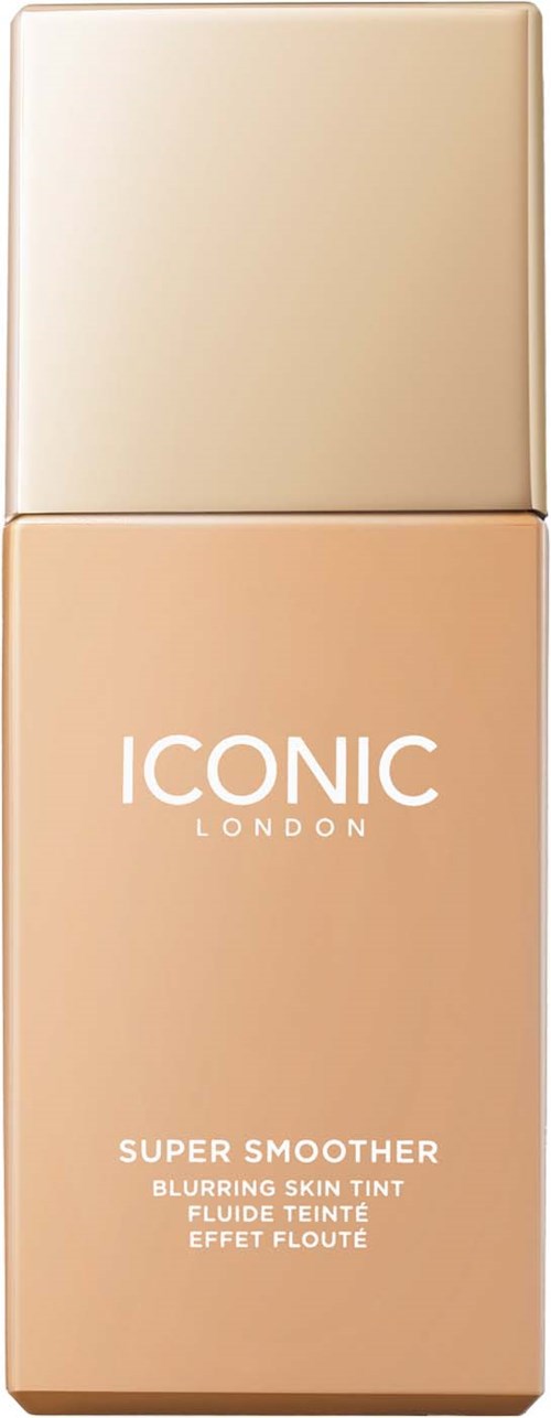 A makeup product in beige packaging with the label 'ICONIC LONDON' and 'SUPER SMOOTHER' for skin tint.