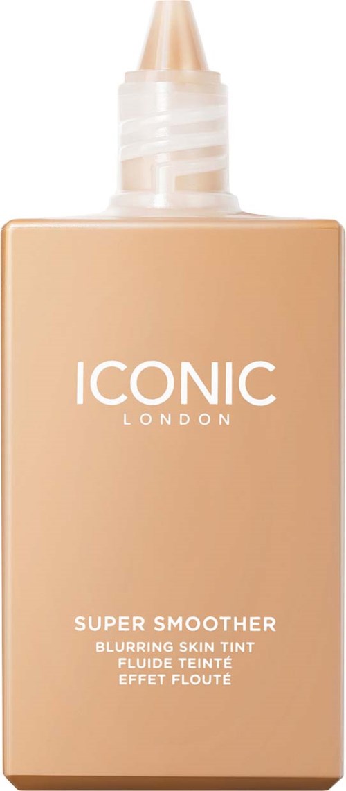 A beige bottle with a nozzle, labeled 'Iconic London' and 'Super Smoother' for skin smoothing.