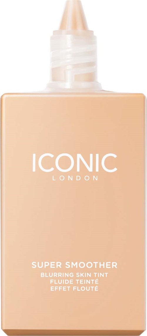A beige bottle with a clear nozzle, labeled 'ICONIC LONDON SUPER SMOOTHER' for skin smoothing and brightening.