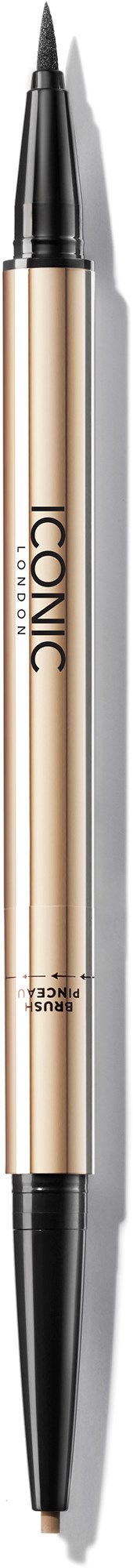 A dual-ended black pen with gold body, labeled "ICONIC", used for writing or drawing.